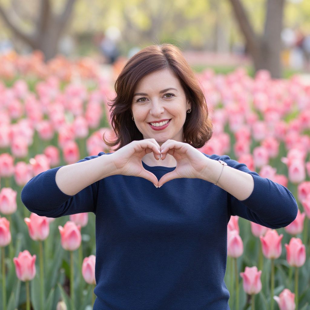 Woman Making Heart Shape with Hands in Pink Tulip Field