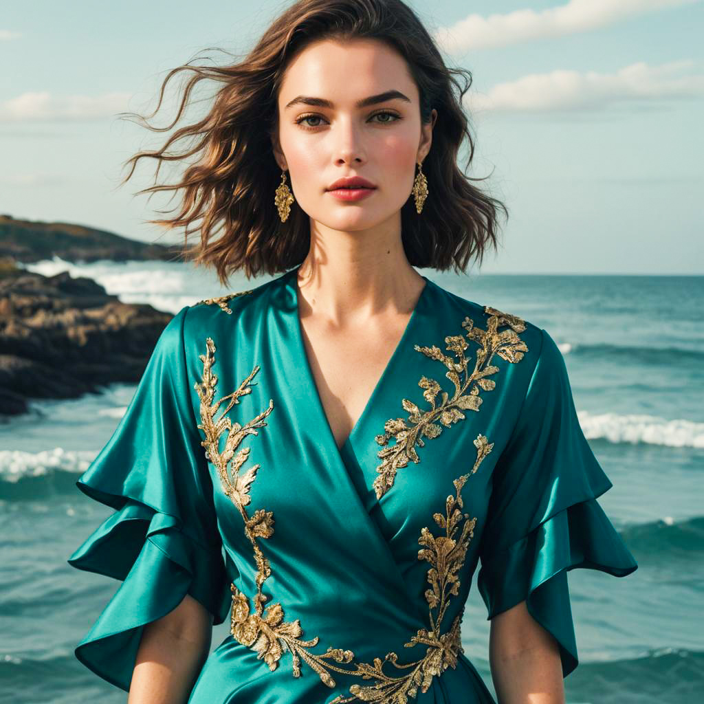 Elegant Woman in Teal Embroidered Dress by the Seaside