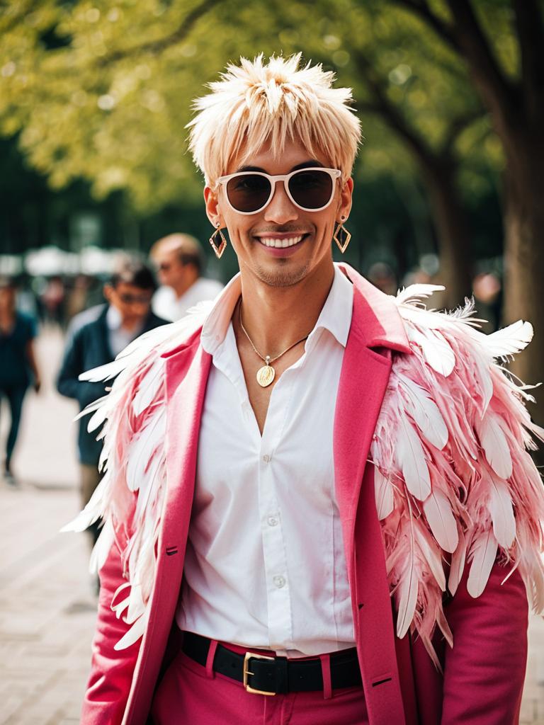 Fashionable Man in Pink Feathered Suit and White Sunglasses