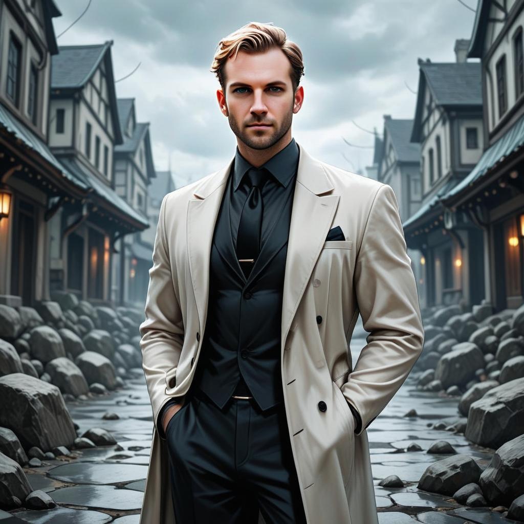 Confident Man in Trench Coat on Stone-Paved Street