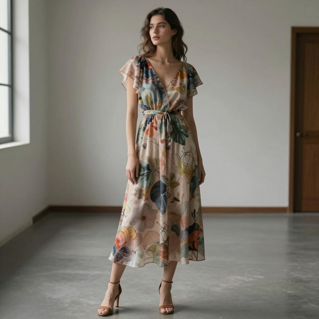 Young Woman Wearing Chic Floral Midi Dress with Flutter Sleeves