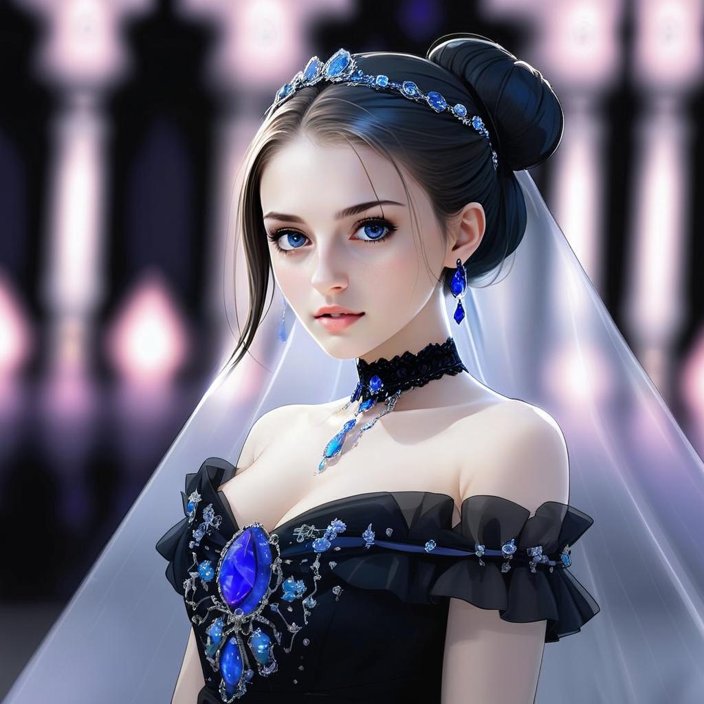 Elegant Young Woman in Black Gown with Blue Gemstone Jewelry