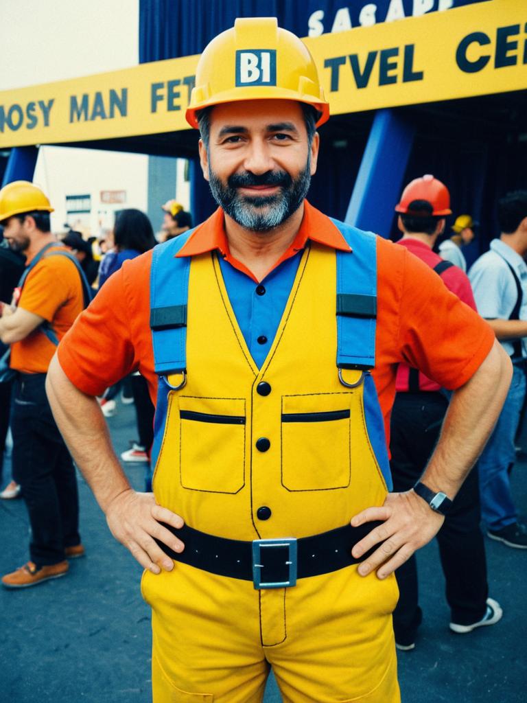 Man in Bob the Builder Costume at Cosplay Festival Photorealistic