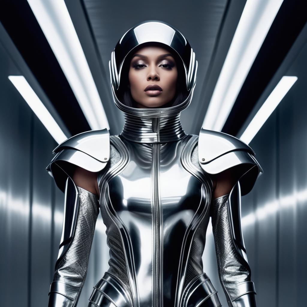 Confident Woman in Futuristic Silver Suit