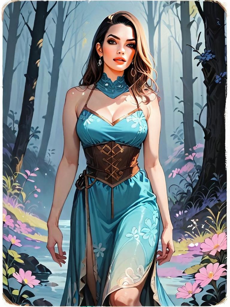 Medieval Dark Fantasy Woman in Blue Dress Walking in Mystical Forest Illustration