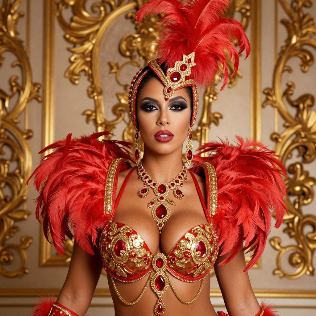 Glamorous Woman in Red and Gold Carnival Feather Costume
