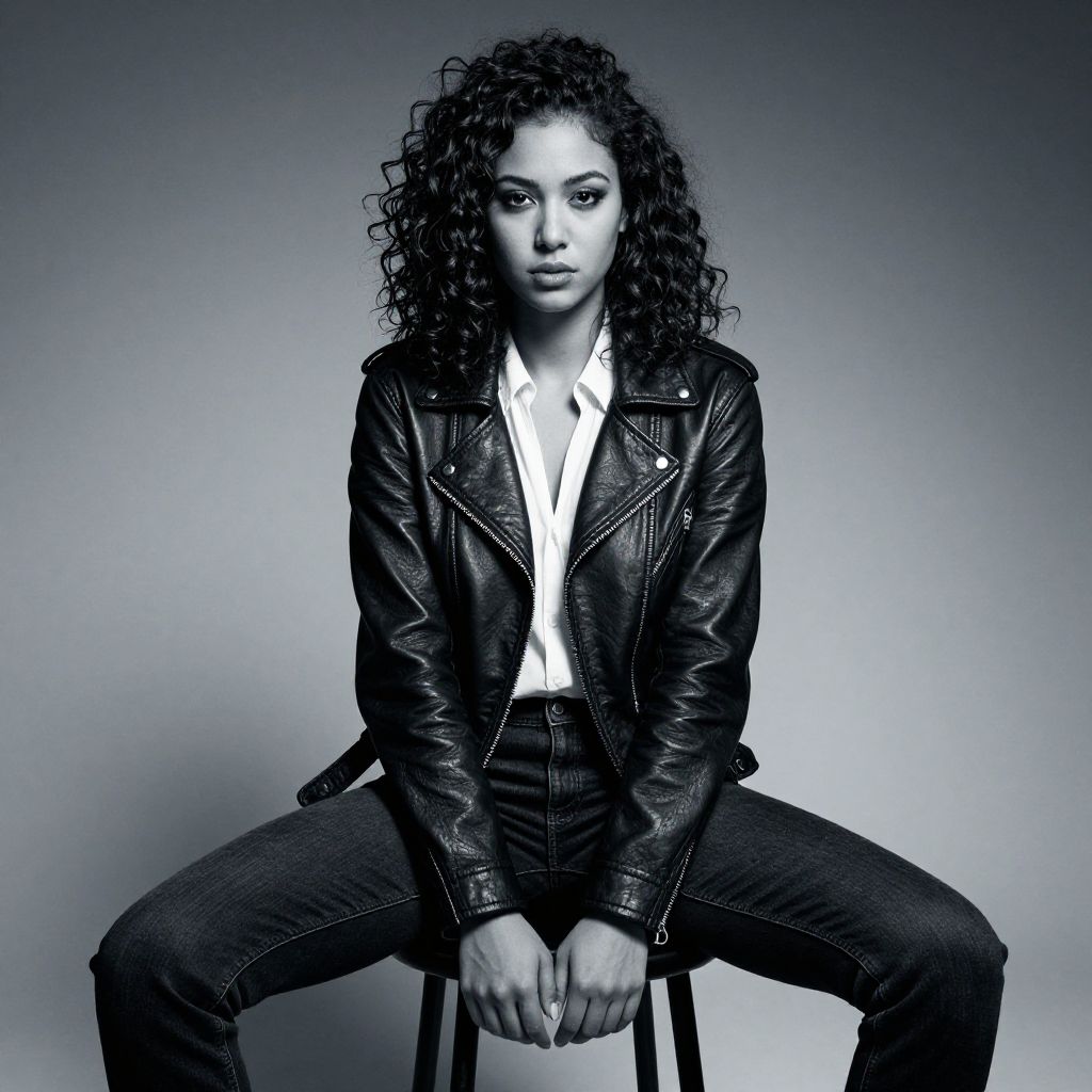 Confident Woman in Black Leather Jacket Sitting on Stool Black and White Portrait