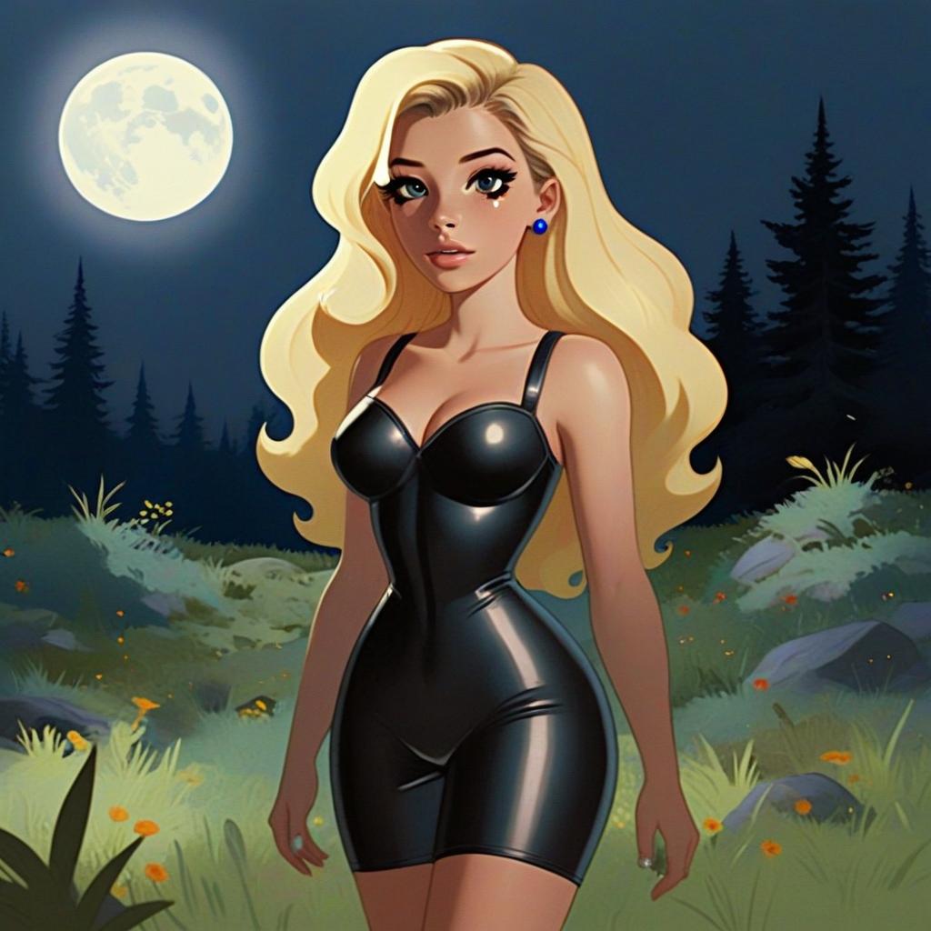 Blonde Woman in Black Leather Outfit Under Full Moon Digital Illustration