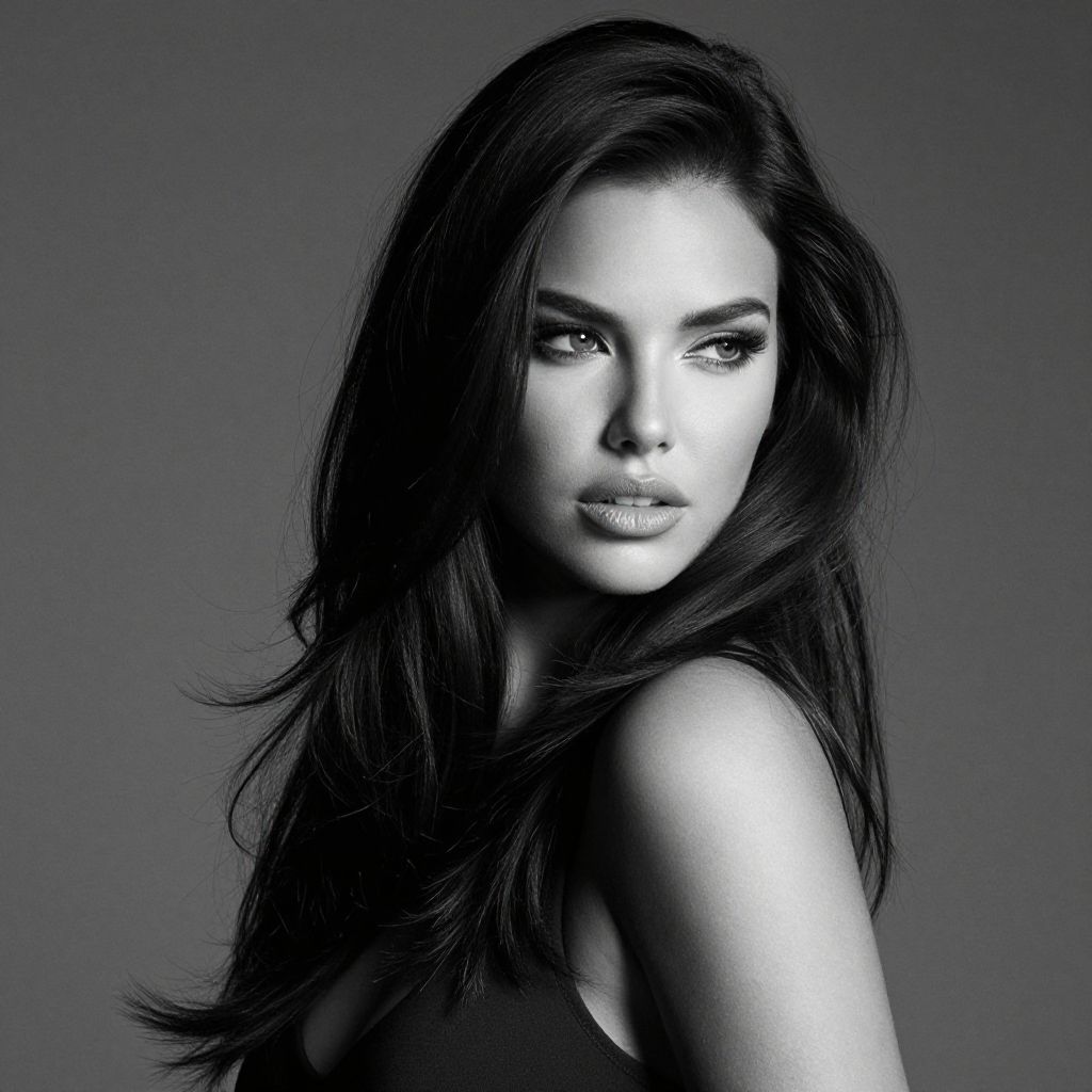 Elegant Black and White Portrait of Woman with Long Hair