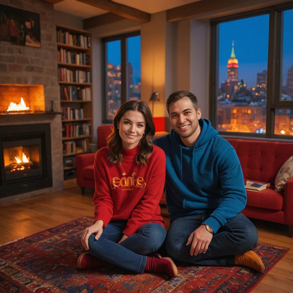 Cozy couple in warmly lit room with city skyline