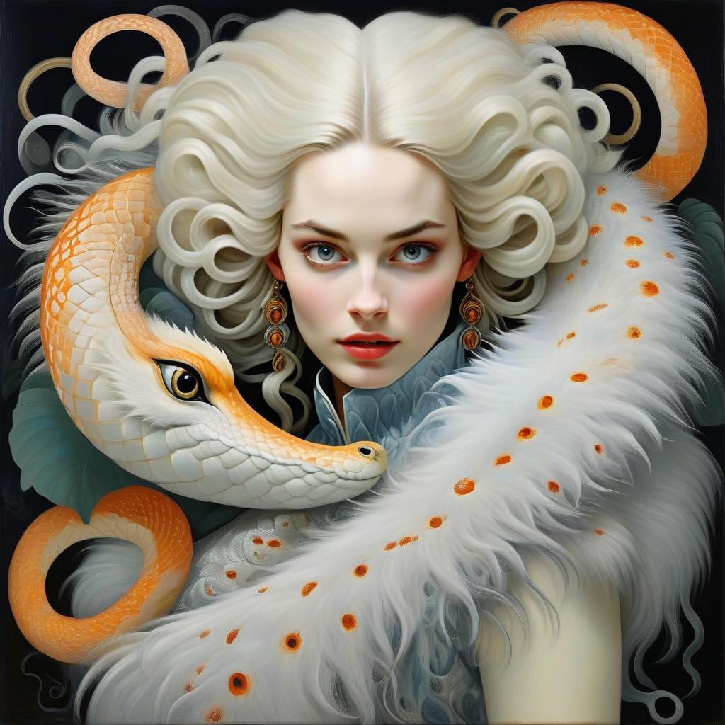Elegant Woman with Platinum Hair and Orange White Snake in Hyper-Realistic Digital Art