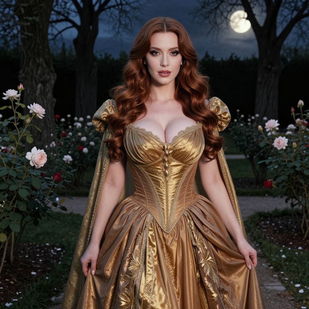 Woman in Golden Renaissance Gown in Moonlit Rose Garden