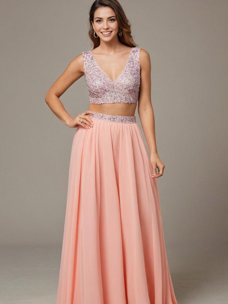 Stylish Woman in Chic Peach Evening Gown