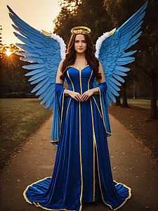 Woman in Blue Angel Wings Costume Photorealistic Outdoor Portrait