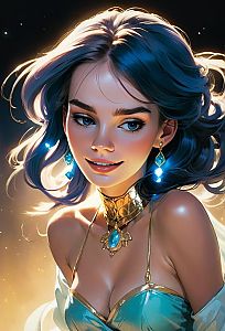 Fantasy Portrait of Woman with Blue Hair and Glowing Gemstone Jewelry