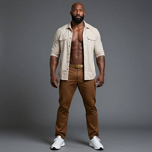 Muscular Man in Beige Open Shirt and Brown Pants on Gray Background