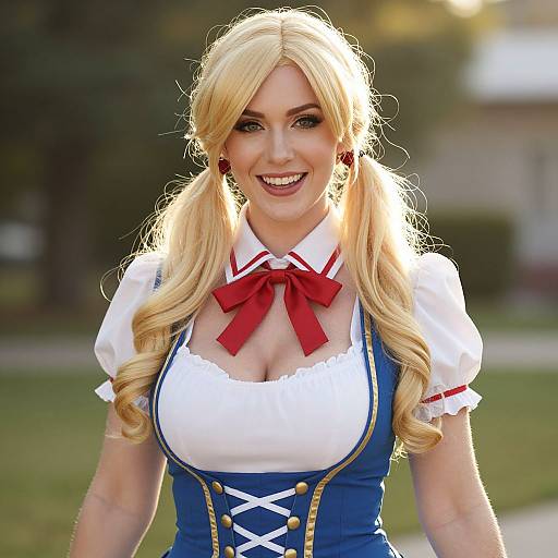 Smiling Woman in Traditional Bavarian Dirndl Outfit with Blonde Pigtails