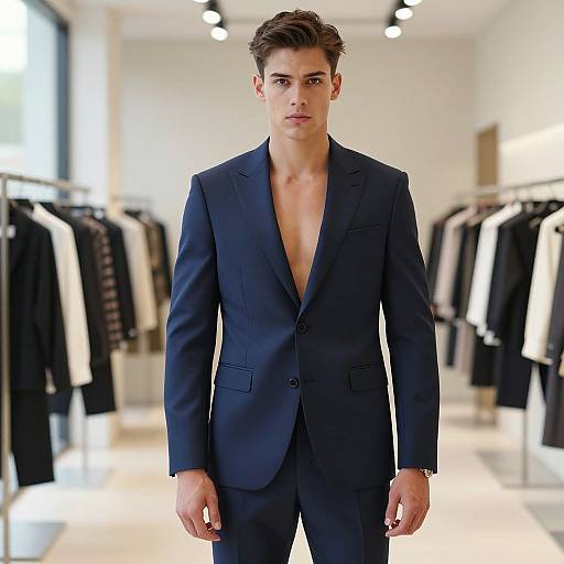 Young Man Wearing Navy Blue Suit Jacket in Modern Clothing Store