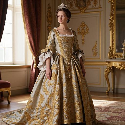 Regal Woman in 18th Century Elaborate Embroidered Gown with Tiara in Luxurious Room