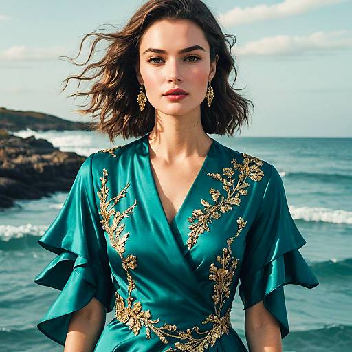 Elegant Woman in Teal Embroidered Dress by the Seaside