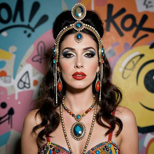 Woman in Ornate Jewelry and Bold Makeup with Graffiti Background