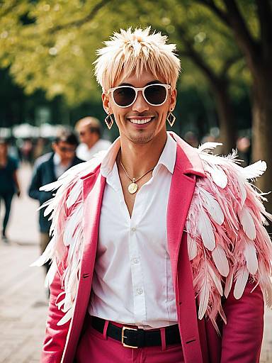 Fashionable Man in Pink Feathered Suit and White Sunglasses