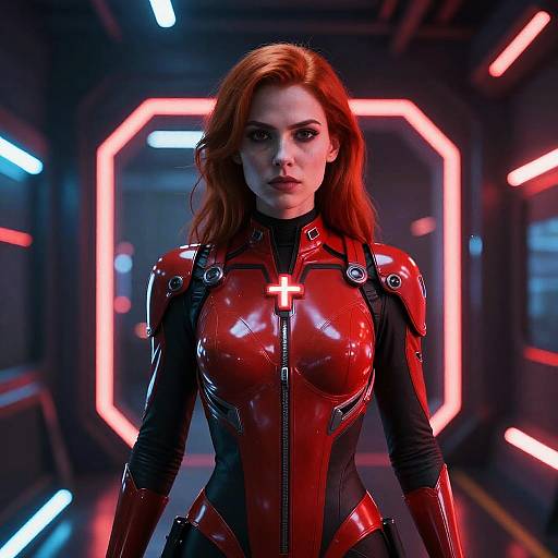 Futuristic Woman in Red Sci-Fi Suit with Neon Lights