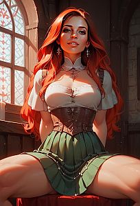 Red-Haired Woman in Renaissance Corset and Green Skirt Digital Art