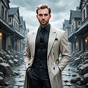 Confident Man in Trench Coat on Stone-Paved Street