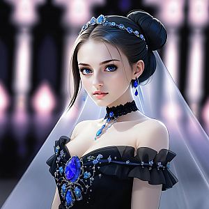 Elegant Young Woman in Black Gown with Blue Gemstone Jewelry