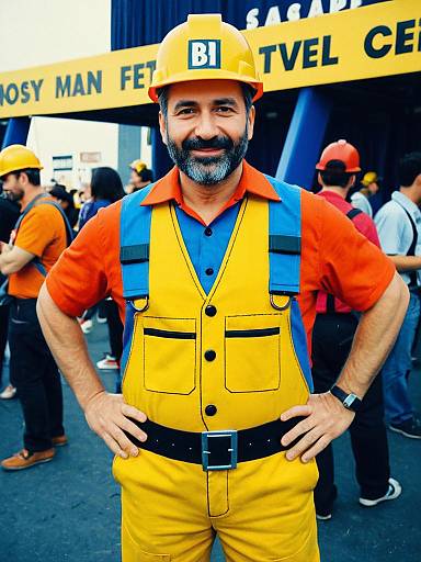 Man in Bob the Builder Costume at Cosplay Festival Photorealistic
