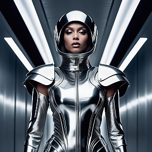 Confident Woman in Futuristic Silver Suit