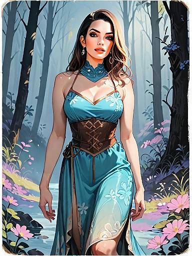 Medieval Dark Fantasy Woman in Blue Dress Walking in Mystical Forest Illustration