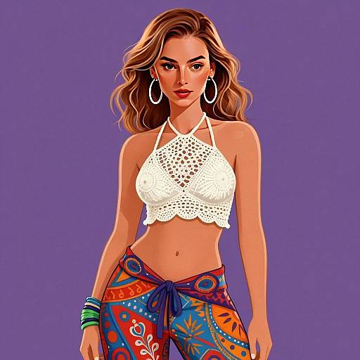 Fashionable Woman in Crochet Top and Bohemian Pants Digital Illustration