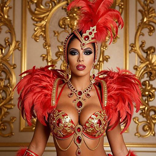 Glamorous Woman in Red and Gold Carnival Feather Costume