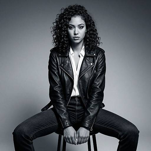 Confident Woman in Black Leather Jacket Sitting on Stool Black and White Portrait