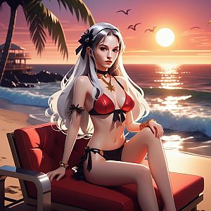 Woman in Silver Hair at Beach Sunset