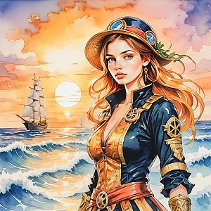 Confident Woman in Nautical Outfit by the Sea at Sunset