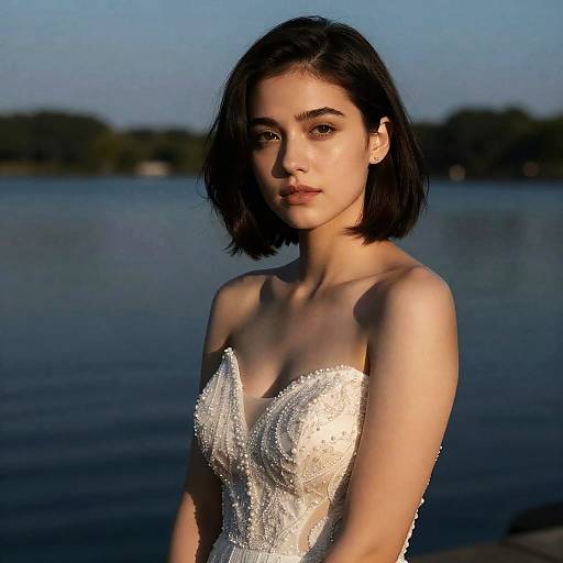 Graceful Young Woman in Beaded White Dress by Lake During Golden Hour
