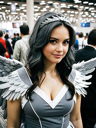 Woman in Grey Angel Wings Costume Candid Cosplay Portrait at Convention