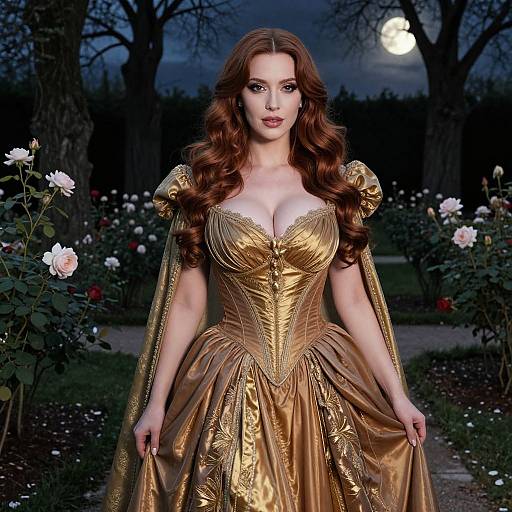 Woman in Golden Renaissance Gown in Moonlit Rose Garden