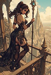 Fantasy Woman in Black Lace Outfit on Gothic Balcony Overlooking City