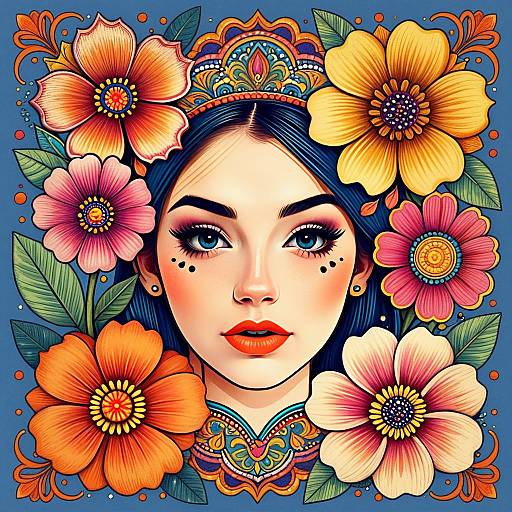 Colorful Floral Digital Portrait of a Woman with Blue Eyes in Ornamental Style