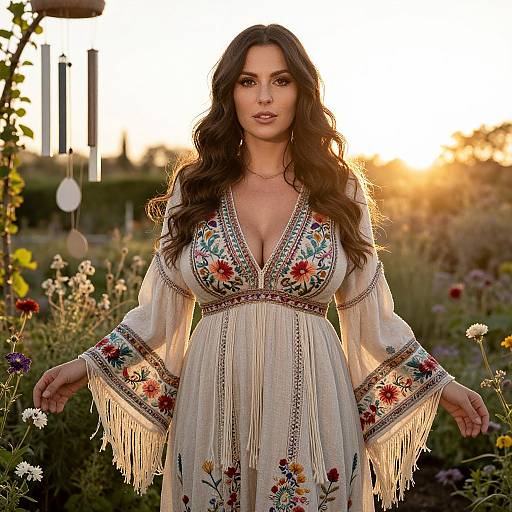 Bohemian Woman in Embroidered Dress in Sunlit Garden