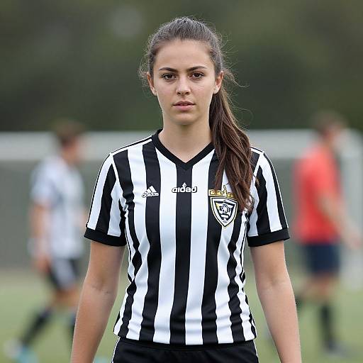 Young Woman Soccer Player in Black and White Striped Adidas Jersey