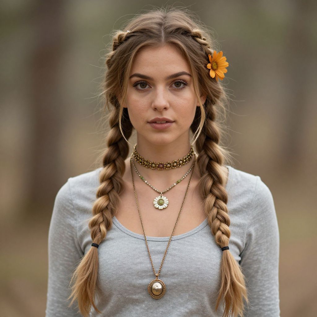 Portrait of Young Woman with Braided Hair and Bohemian Jewelry