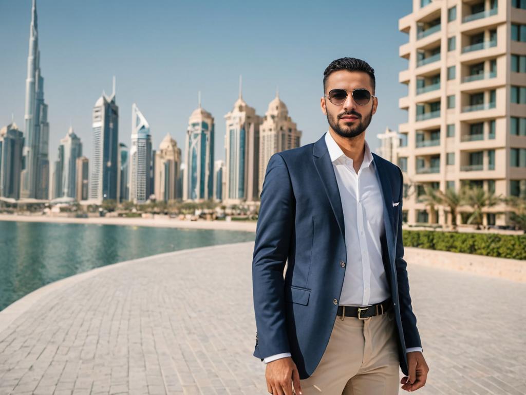 Arab Man in Business Suit with Dubai Skyline