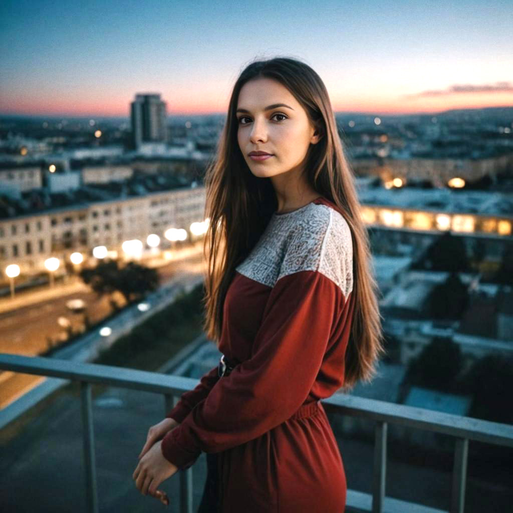 Woman Against Urban Backdrop at Dusk