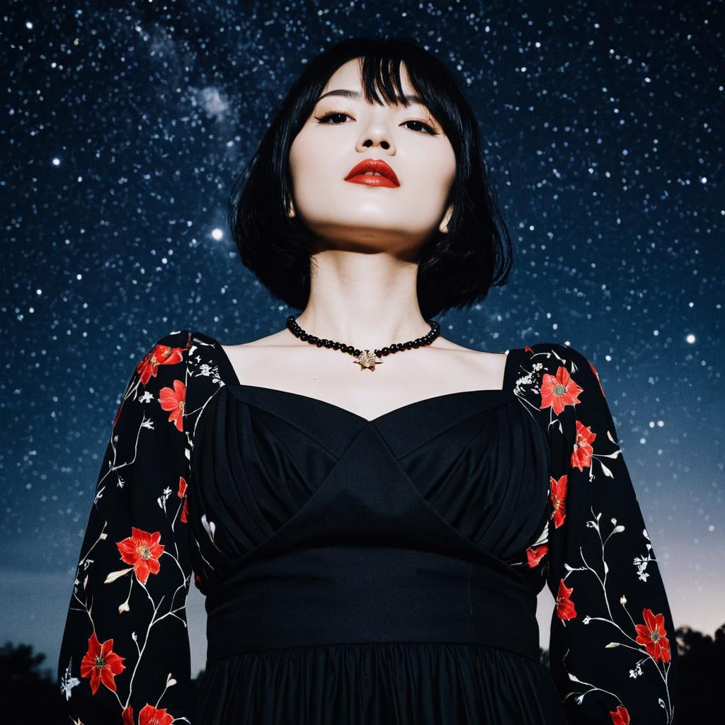 Confident Woman in Floral Black Dress Under Starry Night Sky