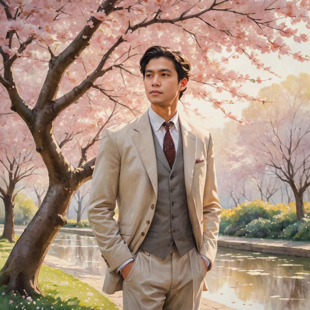 Confident man with cherry blossom backdrop